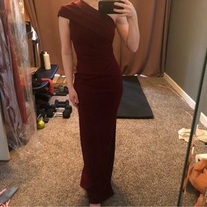 Wine colored half shouldered DB bridesmaids dress.